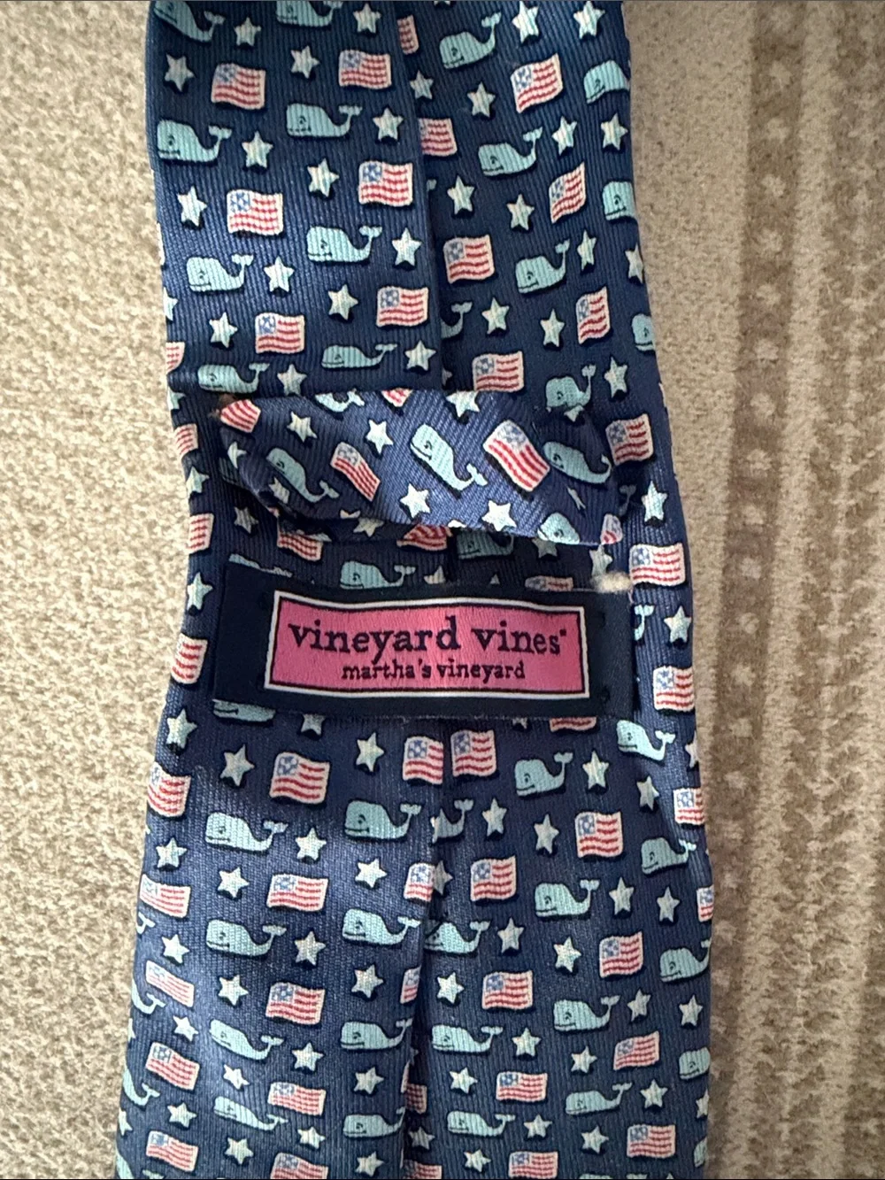 Vineyard Vines Blue Silk Tie with Pink & White Whale Motif